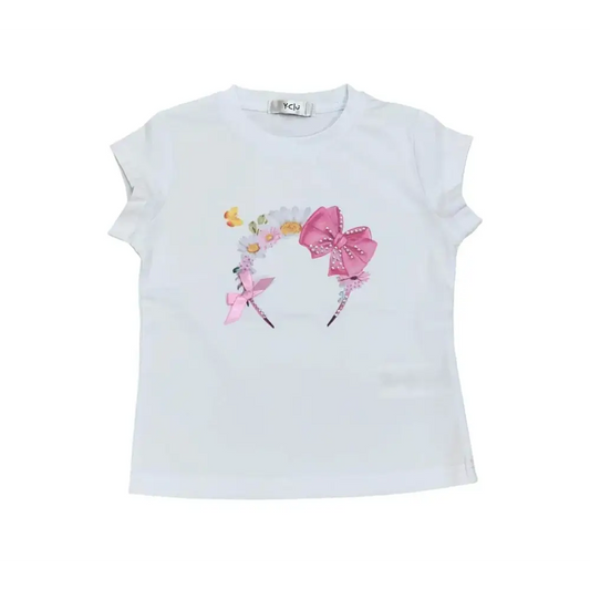 Maglietta bianca manica corta bambina Y-Clu con decorazione fiocco rosa e fiori