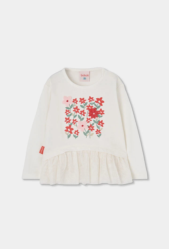 Maglietta in maglia bambina bianca con stampa fiori in tulle
