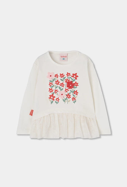 Maglietta in maglia bambina bianca con stampa fiori in tulle