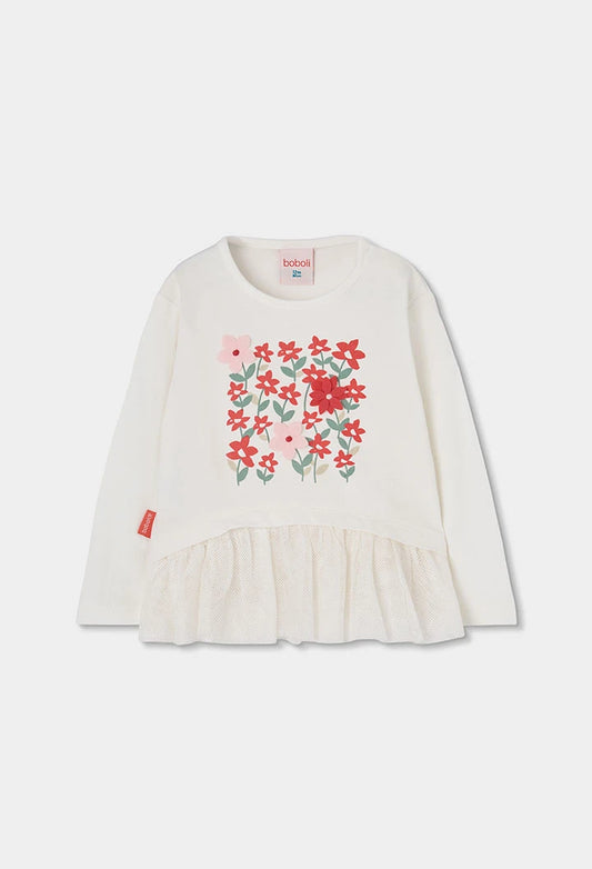 Maglietta in maglia bambina bianca con stampa fiori in tulle - OOPS by BabyBimbo 0-16