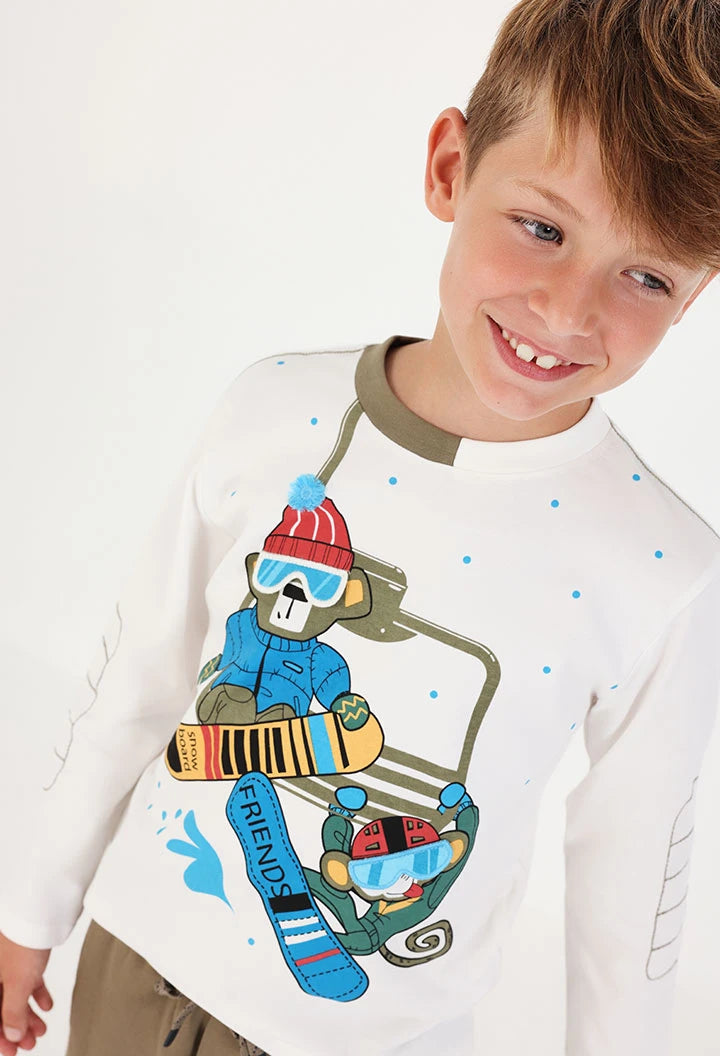 Maglietta in maglia bambino bianca con stampa scimmie snowboard – BOBOLI