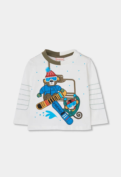 Maglietta in maglia bambino bianca con stampa scimmie snowboard – BOBOLI