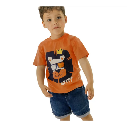 MAGLIETTA LEONE CON OCCHIALI BAMBINO arancione Boboli indossata da bambino con stampa leone e corona