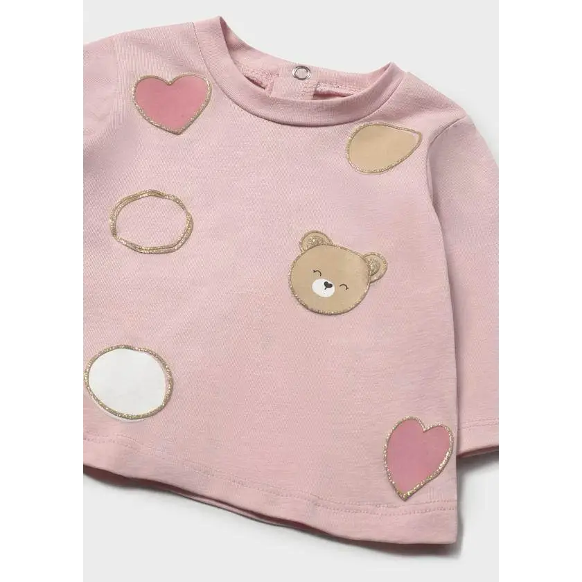 Maglietta neonata manica lunga Mayoral rosa con decorazioni a forma di orsetto e cuori