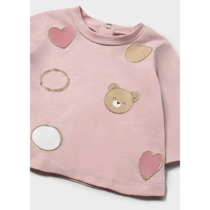 Maglietta neonata manica lunga Mayoral rosa con decorazioni a forma di orsetto e cuori