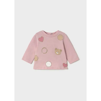 Maglietta neonata manica lunga rosa Mayoral con stampa orsetto e cuori beige e rosa