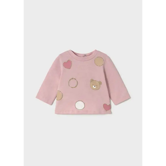 Maglietta neonata manica lunga rosa Mayoral con stampa orsetto e cuori beige e rosa