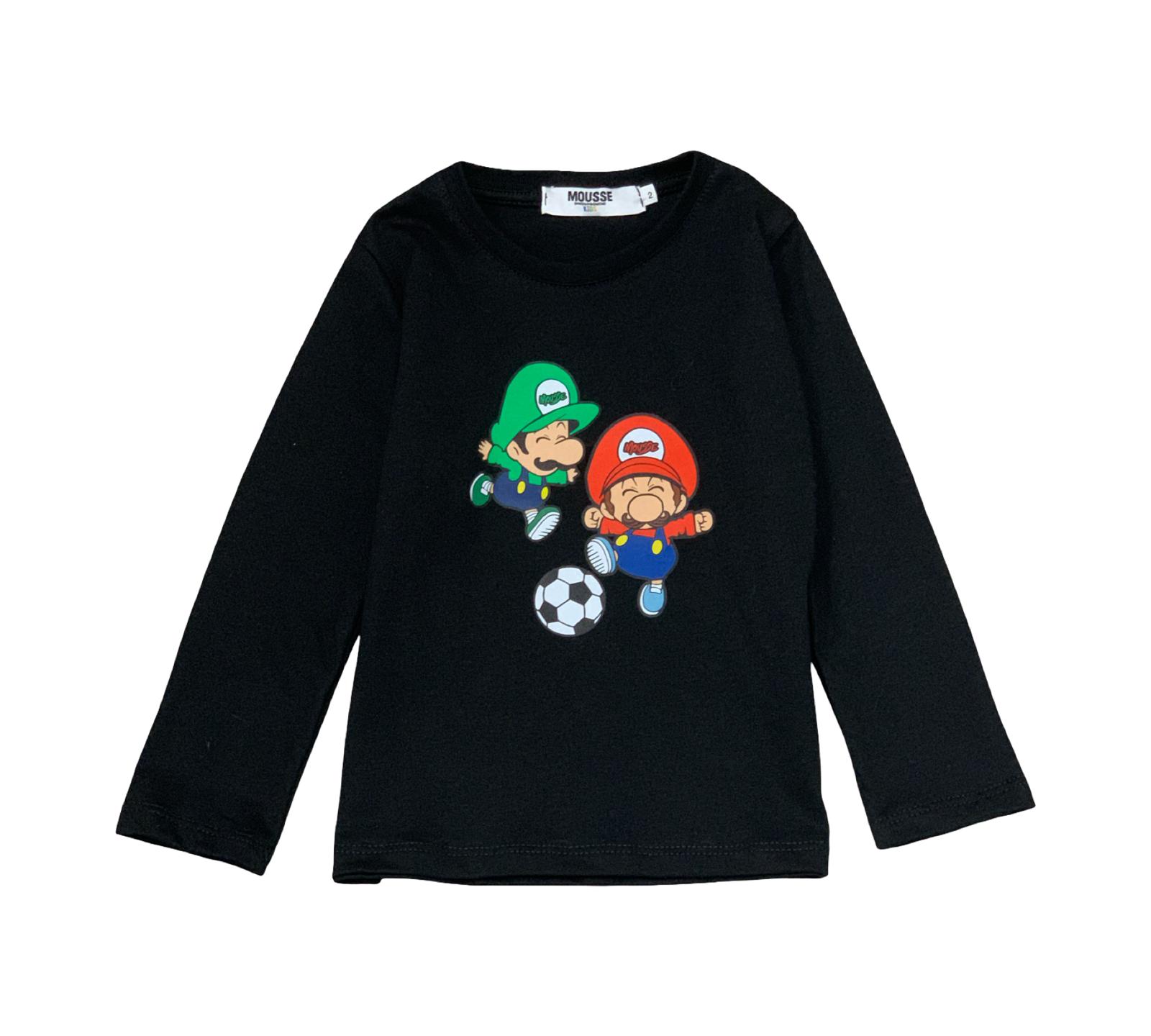 Maglietta nera bambino stampa divertente con personaggi di videogiochi e un pallone da calcio