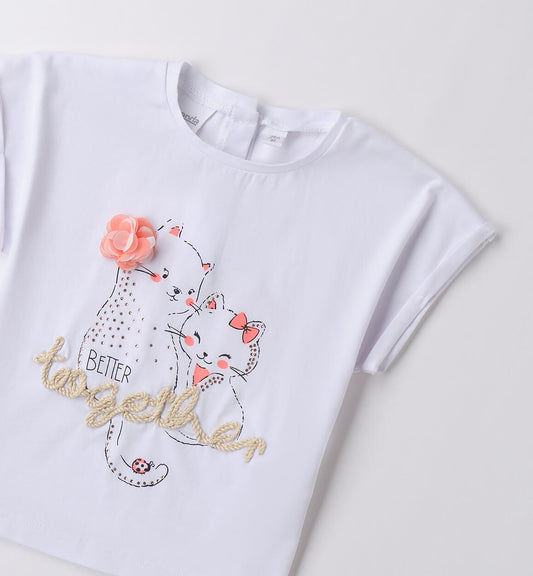 T-SHIRT BIANCA CON GATTI E BRILLANTINI