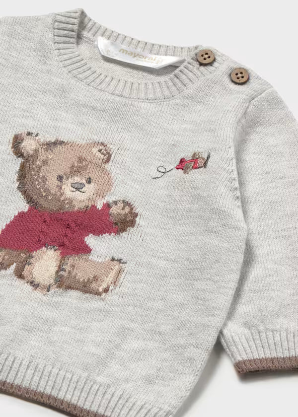 Maglione Jacquard Neonato Grigio con Orsetto – Girocollo