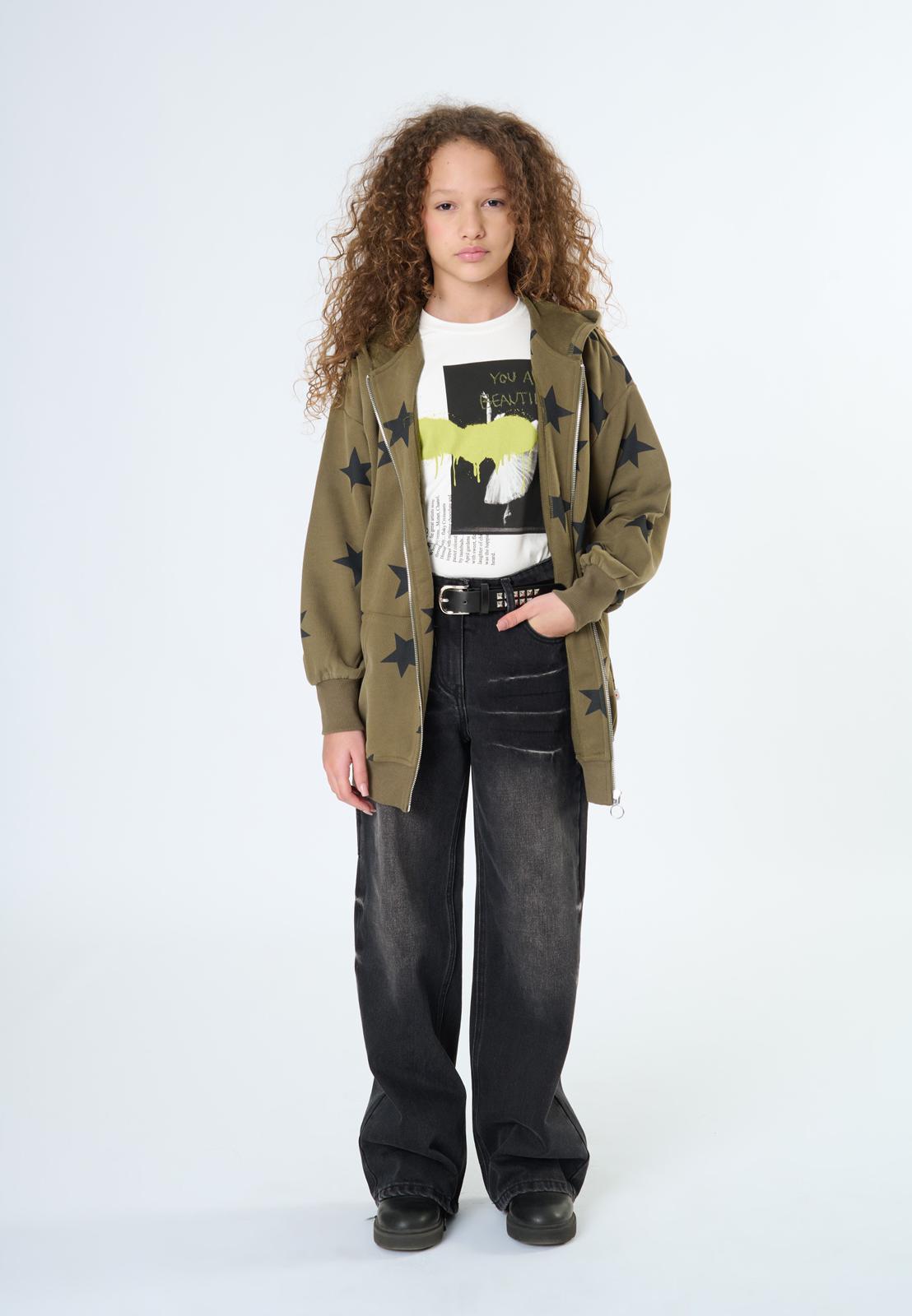 Maxifelpa oversize bambino stelle in verde militare con stampa di stelle nere, comoda e alla moda