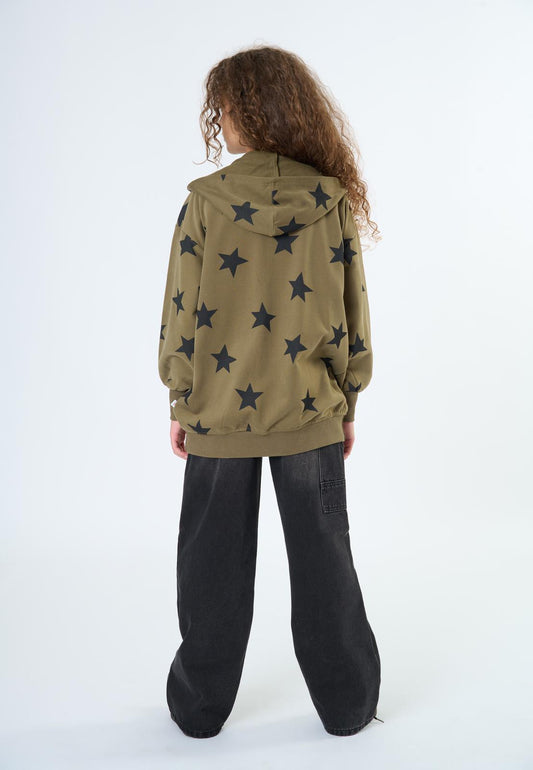 Maxifelpa oversize bambino stelle in verde oliva con cappuccio e motivo a stelle nere sul retro