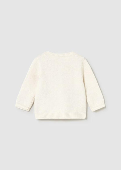 Mayoral Cardigan bambina in cotone, mele ricamate.. Cardigan crema vista retro con collo rotondo e bordi a coste