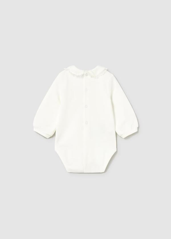 Mayoral completo neonata 3 pezzi body bianco maniche lunghe con colletto smerlato e bottoni posteriori
