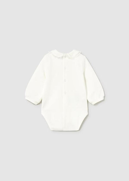 Mayoral completo neonata 3 pezzi body bianco maniche lunghe con colletto smerlato e bottoni posteriori