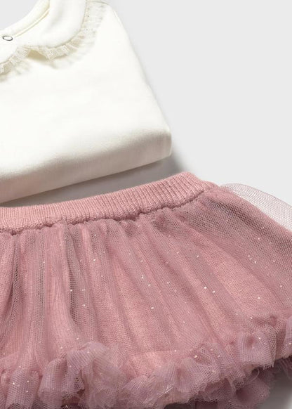 completo neonata 3 pezzi Mayoral maglia bianca con colletto frill e gonna tutu in tulle rosa con glitter