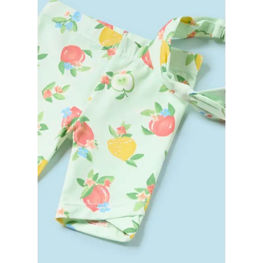 completo neonata 3 pezzi Mayoral estivo verde menta con stampa frutta colorata e bretelle regolabili