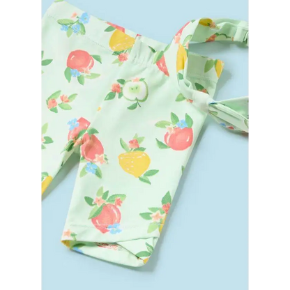 completo neonata 3 pezzi Mayoral estivo verde menta con stampa frutta colorata e bretelle regolabili