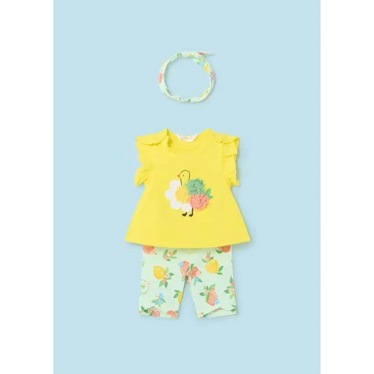 completo neonata 3 pezzi Mayoral con maglietta gialla a volant e papera ricamata, leggings e fascia floreale