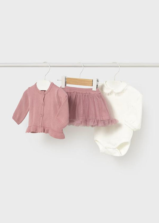 completo neonata 3 pezzi Mayoral rosa con cardigan a maglia gonna in tulle e body bianco con colletto
