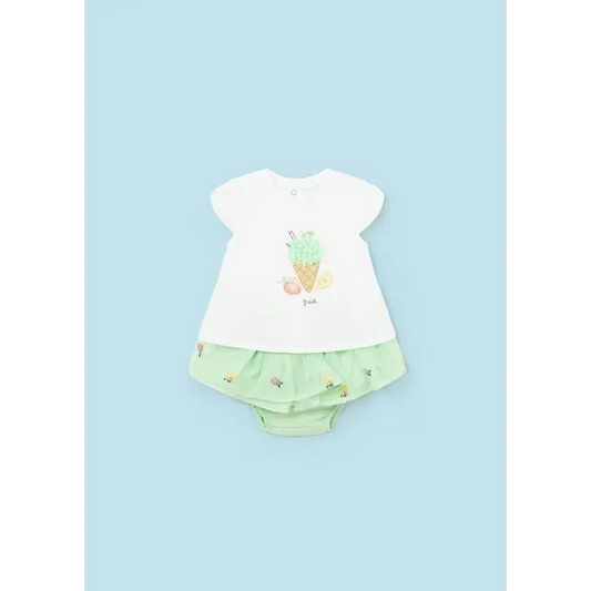 Completo neonata Mayoral tulle con maglietta bianca e gonna verde chiaro con dettagli stampati