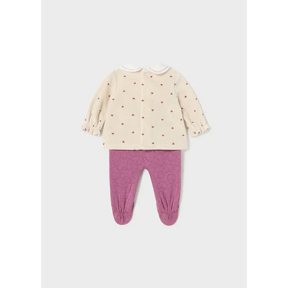 completo neonato femmina Mayoral in cotone crema con maglia a piccoli cuori rosa colletto Peter Pan e pantaloni con piedini rosa