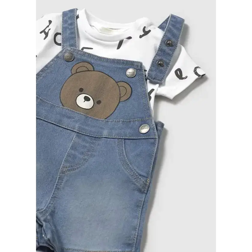 Completo salopette e maglietta neonato Mayoral con salopette jeans e maglietta bianca con stampa orso