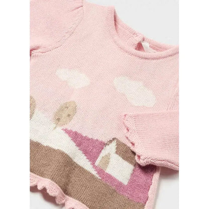 maglione jacquard neonato Mayoral rosa con motivo casette e nuvole orlo smerlato e polsini arricciati