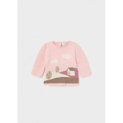 maglione jacquard neonato Mayoral rosa con motivo paesaggio casetta e alberi maniche lunghe bordo smerlato