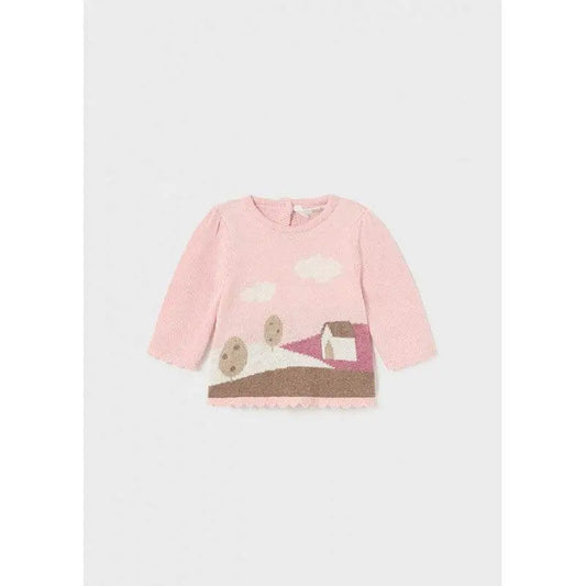 maglione jacquard neonato Mayoral rosa con motivo paesaggio casetta e alberi maniche lunghe bordo smerlato