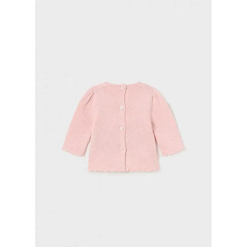 maglione jacquard neonato Mayoral rosa con bottoni sul retro maniche lunghe e bordo smerlato