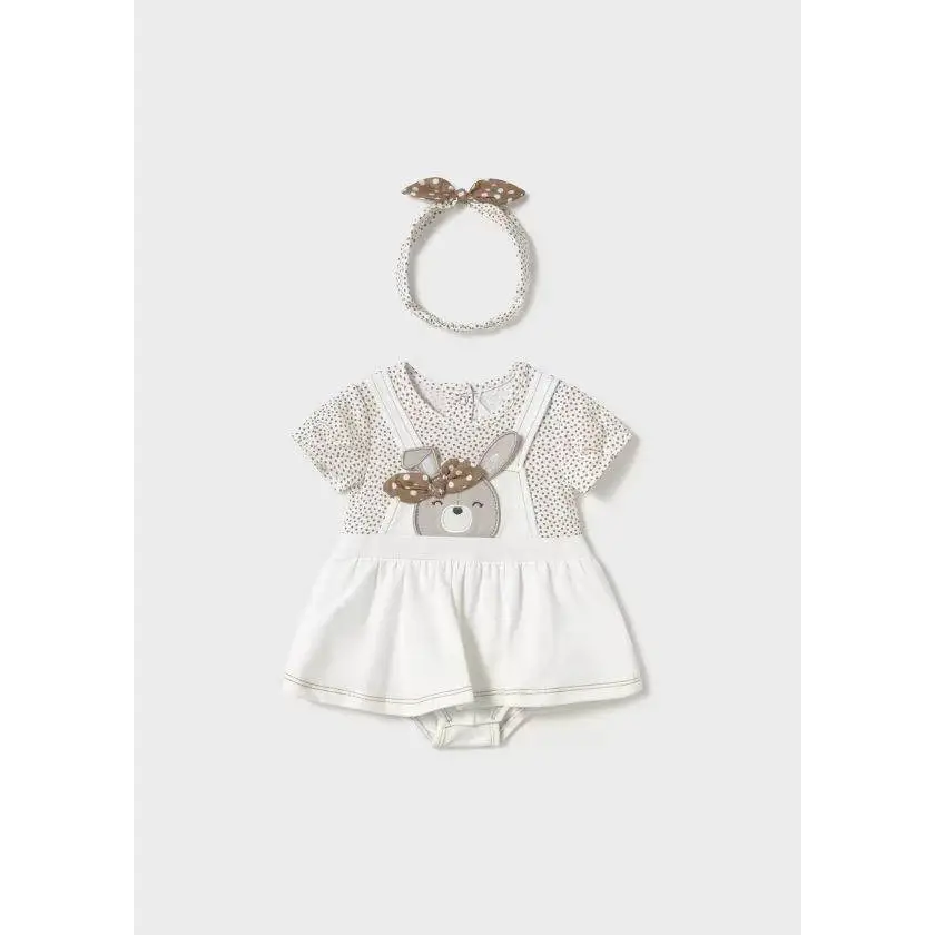 Pagliaccetto finta salopette con fascia neonata Mayoral bianca e beige con stampa orso e pois