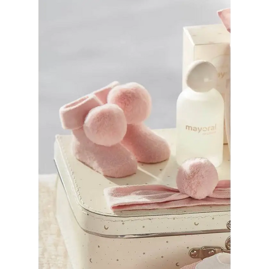 Mayoral set calzini e fascetta neonata cotone organico rosa con scarpine e pompon su scatola regalo