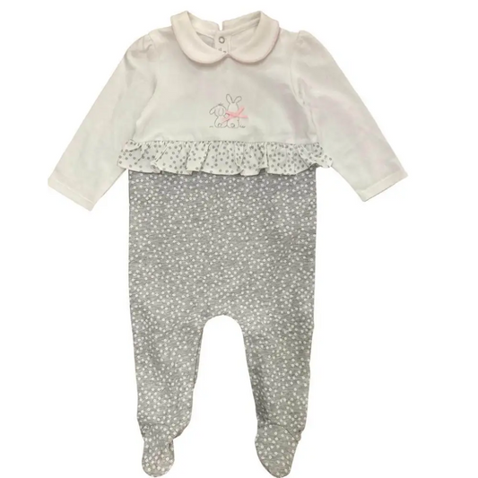 tutina neonata primavera Mayoral bianca e grigia con collo peter pan volant e piedini con fantasia pois
