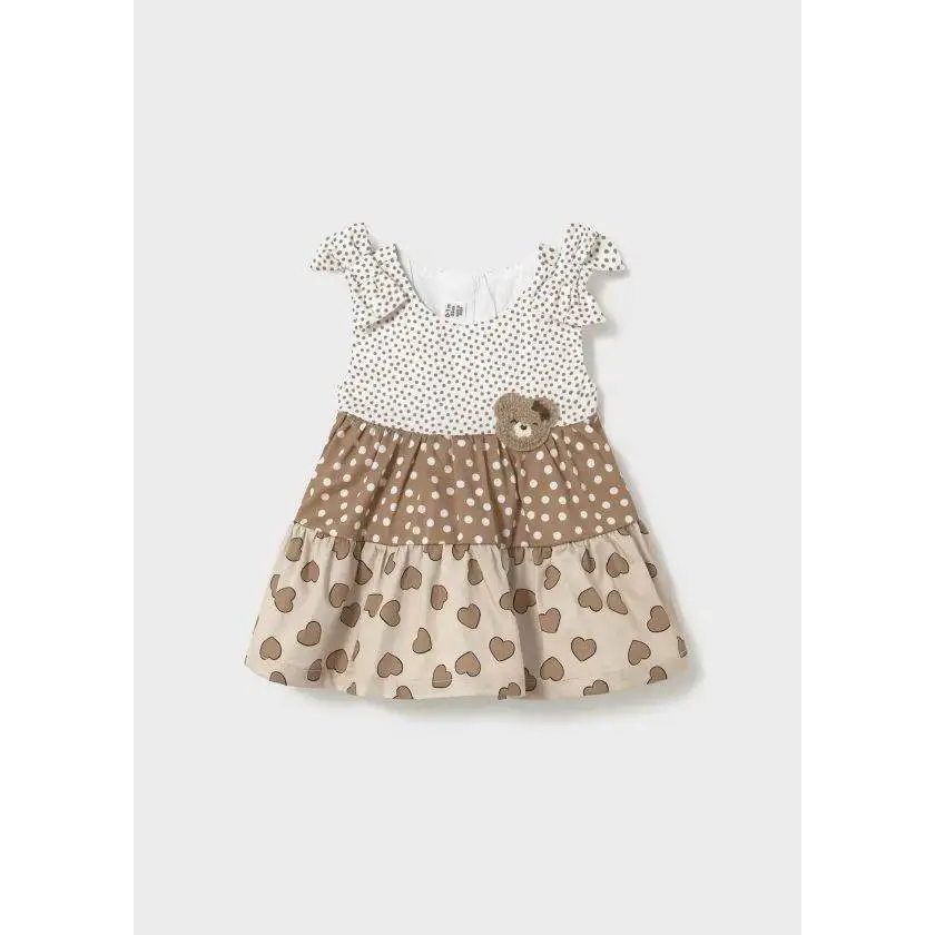 VESTITO SENZA MANICA VOLANT NEONATA Mayoral a pois e cuori beige con decorazione orsetto