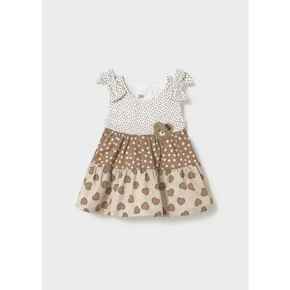 VESTITO SENZA MANICA VOLANT NEONATA Mayoral a pois e cuori beige con decorazione orsetto