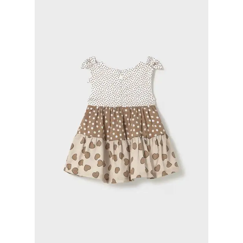 VESTITO SENZA MANICA VOLANT NEONATA Mayoral con fantasia a pois e cuori in toni marroni e beige