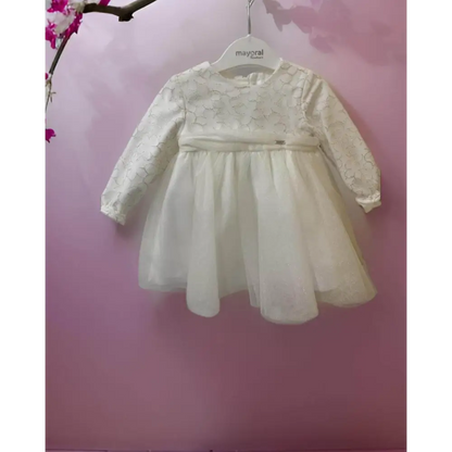 Vestito bianco con corpino in pizzo floreale maniche lunghe e gonna in tulle per cerimonia vestito tulle neonato Mayoral