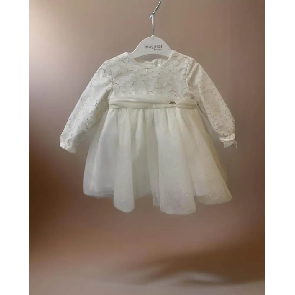 vestito tulle neonato Mayoral bianco avorio con corpetto in pizzo floreale maniche lunghe e gonna vaporosa per cerimonia