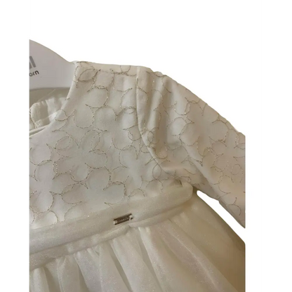 vestito tulle neonato Mayoral bianco con corpetto ricamato a cerchi maniche lunghe e gonna in tulle elegante