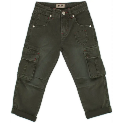 pantaloni cargo bambino verde militare con tasche laterali multiple vita con bottone e risvolto alla caviglia