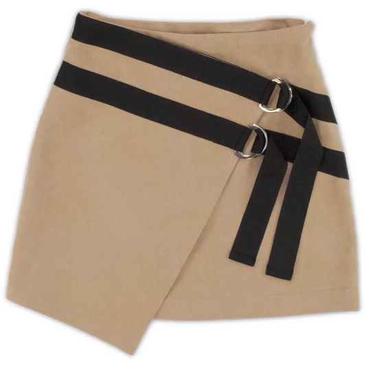 gonna ragazza 8 16 anni corta beige stile portafoglio con cinturini neri e fibbie metalliche