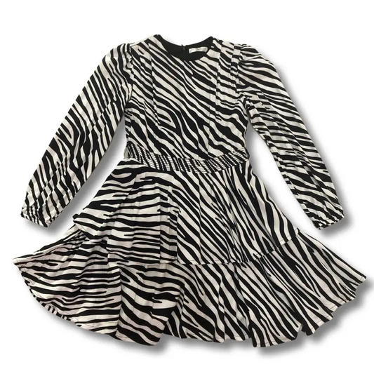 Vestito da bambina manica lunga in tessuto leggero con vita elastica e gonna a balze abito bambina fantasia zebrata