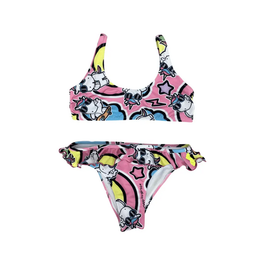Mousse bikini unicorno bambina due pezzi rosa con stampa unicorni e volant laterali costume da bagno