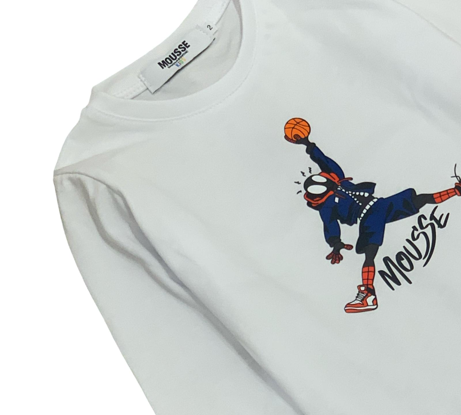 maglietta manica lunga bambino Mousse bianca con stampa giocatore di basket cartoon colorato e collo rotondo