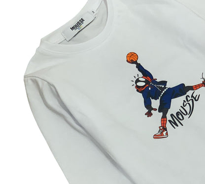 maglietta manica lunga bambino Mousse bianca con stampa giocatore di basket cartoon colorato e collo rotondo