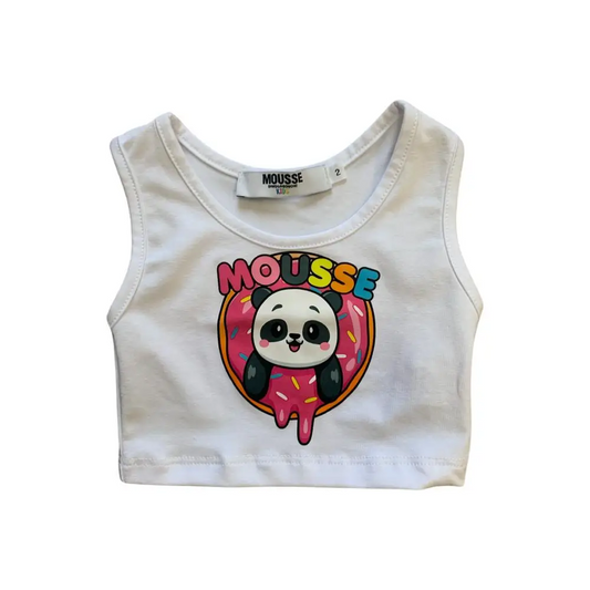 Maglietta senza maniche bambina panda Mousse bianca con stampa panda e ciambella rosa