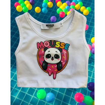 Maglietta senza maniche bambina panda Mousse canotta bianca crop top con panda su ciambella rosa