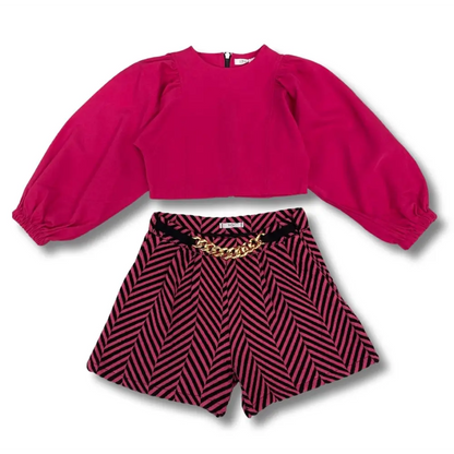 Completo bambina con camicia corta fuxia ragazza 8-16 anni maniche a sbuffo e shorts rigati con cintura dorata