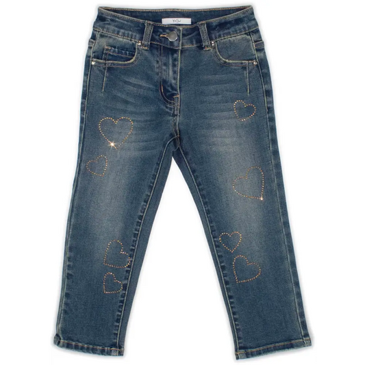 jeans bambina con strass Y Clu in denim blu con cuori di strass dettagliati per look casual